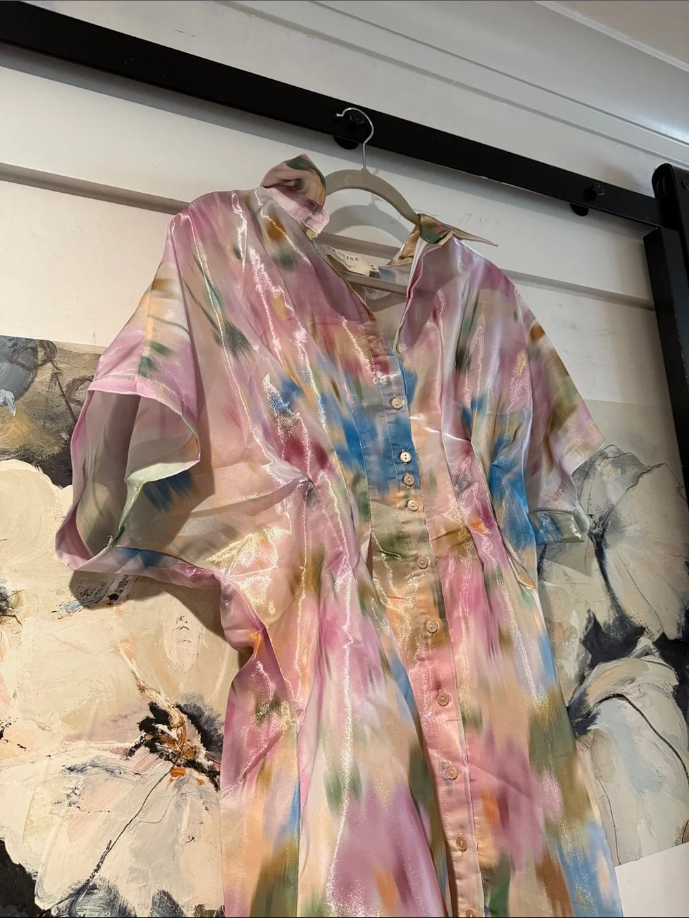Anthropologie Pastel Watercolor Button-Down Dress in Pink, Blue, Green, Gold - Picture 2 of 6